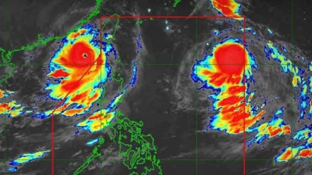 This satellite image by PAGASA, the Philippine Atmospheric, Geophysical and Astronomical Services Administration, shows super typhoon Saola and severe tropical storm Haikui on August 31.