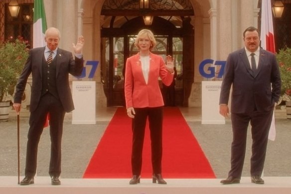 Cate Blanchett with Charles Dance and Denis Menochet in Rumours.