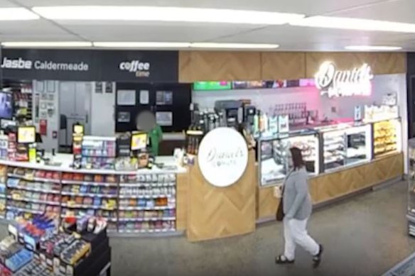 Erin Patterson was captured on a service station’s CCTV in a pair of white pants when she was suffering from “explosive diarrhoea”.