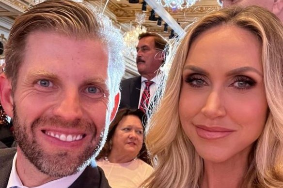 Gina Rinehart in the background of an Instagram post by Donald Trump’s son Eric and his wife Lara at the former president’s campaign launch.