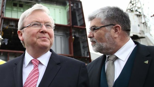 Then-prime minister Kevin Rudd and Senator Kim Carr at a Williamstown shipyard when Senator Carr was a minister.