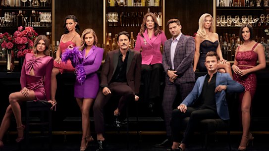 The cast of Bravo’s “Vanderpump Rules,” from left: Raquel Leviss, Scheana Shay, Ariana Madix, Tom Sandoval, Lisa Vanderpump, Tom Schwartz, Lala Kent, James Kennedy and Katie Maloney.