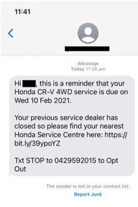 An example of Honda Australia’s text message to Astoria, Tynan and Burswood customers.