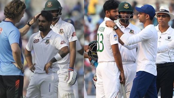 Liton Das and Nayeem Hasana receive treatment after being hit.