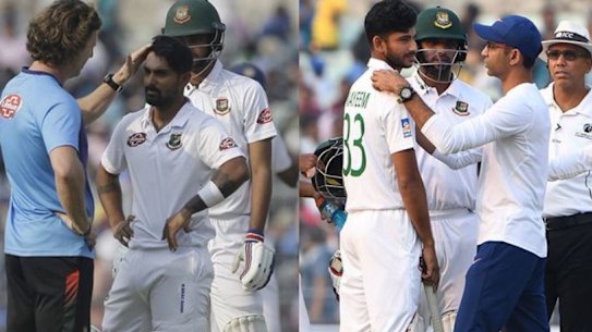 Liton Das and Nayeem Hasana receive treatment after being hit.