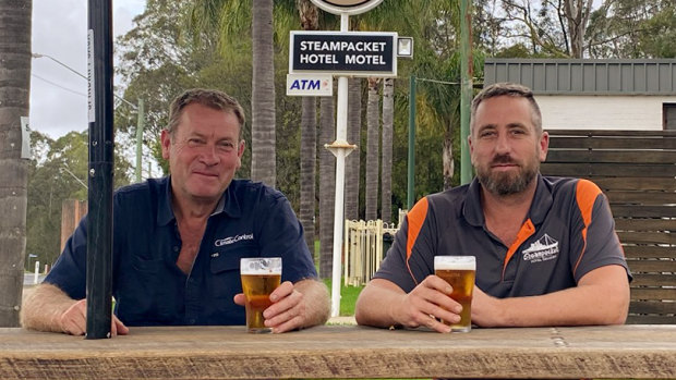 Paul Parker and publican Joel Alvey at the Steampacket Hotel in Nelligen.