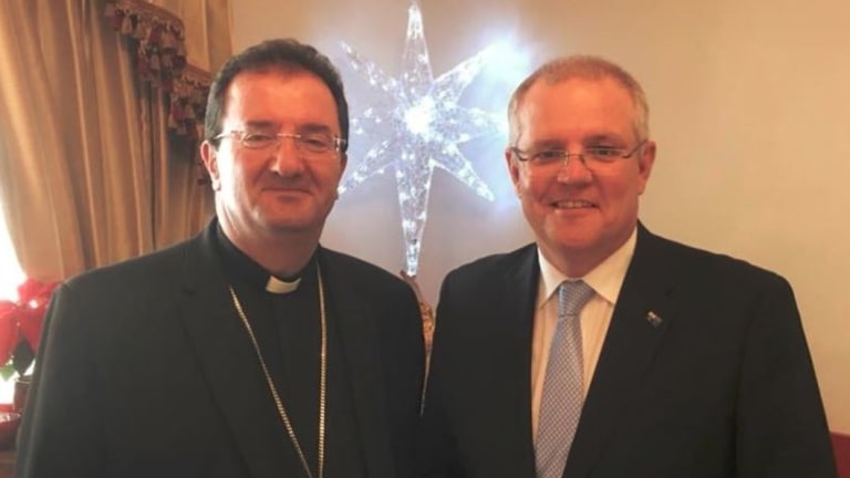 Bishop Antoine-Charbel Tarabay with Prime Minister Scott Morrison, who described him as "generous and kind-hearted". 