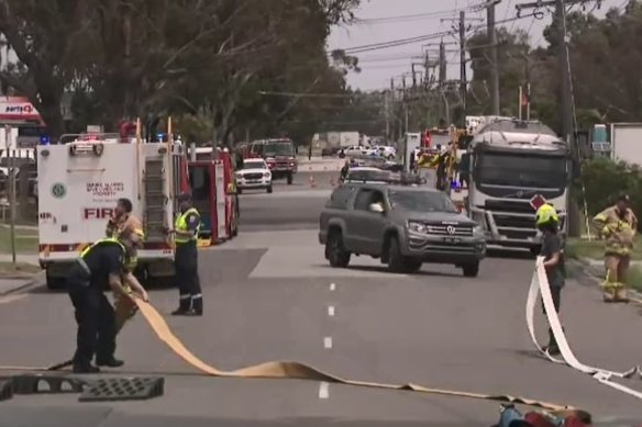 Emergency services attend a fire in Dandenong South on Friday.