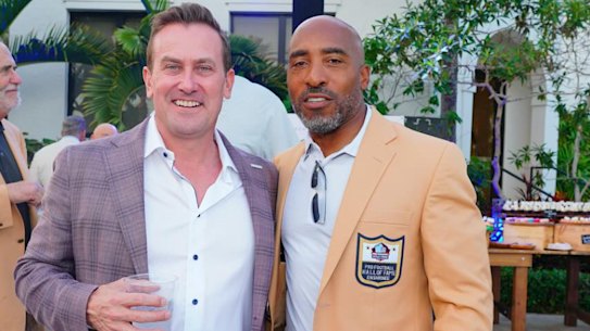 James Hardie boss Aaron Erter (left) with former NFL player Ronde Barber at the launch of the James Hardie Pro Football Hall of Fame Invitational last month.
