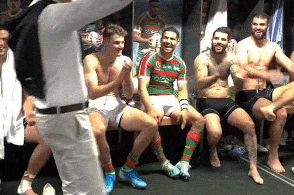 Wayne Bennett celebrates after beating the Broncos in 2019.