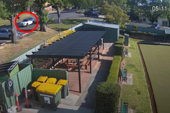 A screen grab of CCTV footage played in court showing William Swale’s stationary white BMW in the middle of Camp Street, Daylesford.