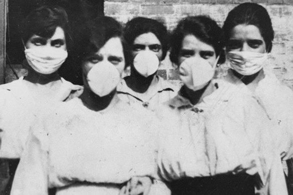 Women in Australia during the Spanish flu epidemic. Rumours spread that the virus was a German weapon.