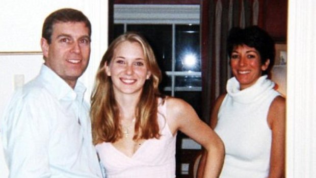 Prince Andrew pictured with Virginia Giuffre, then Virginia Roberts, at the home of Ghislaine Maxwell, right, in London in 2001.  