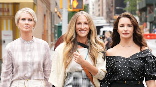 Cynthia Nixon as Miranda Hobbs, Sarah Jessica Parker as Carrie Bradshaw and Kristin Davis as Charlotte York in And Just Like That. Photo: HBO MAX/Binge.
