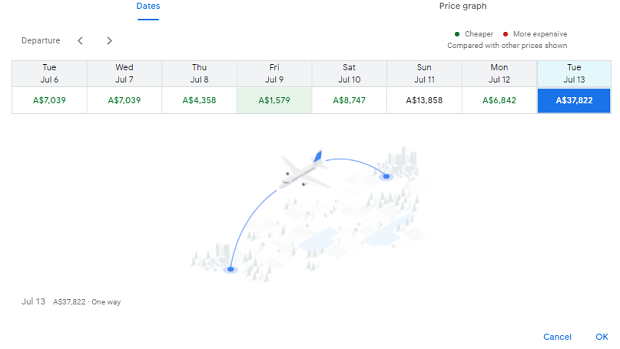 A search for a one-way flight from London to Sydney on midday Saturday.