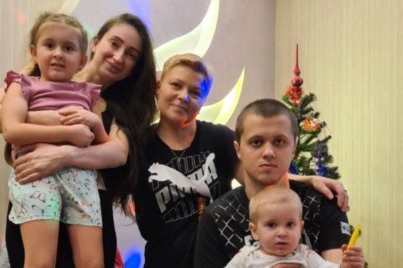 Olena Atamanchuk, with her son Dmytro, daughter-in-law Yana and her grandchildren Kamilla and Damid.