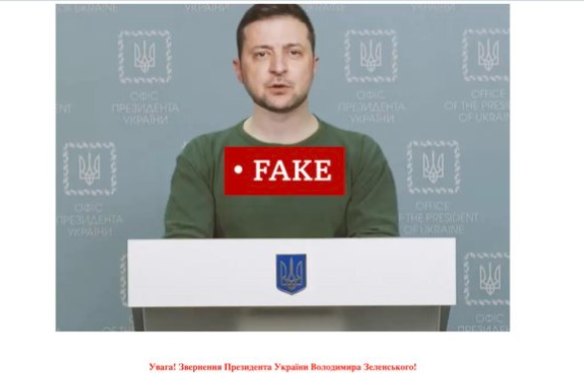 The deep fake video of Ukrainian President Volodymyr Zelensky.