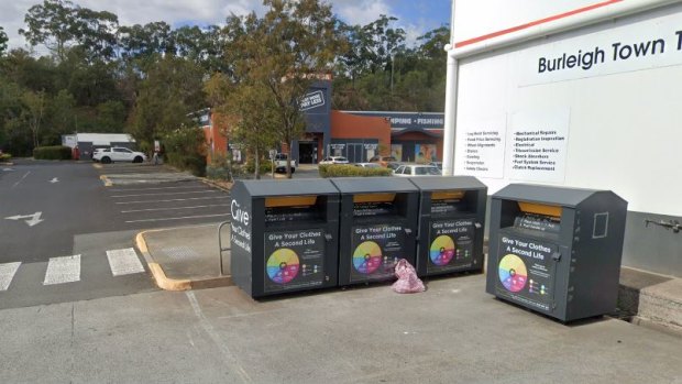 The woman was found in one of these charity bins at Burleigh Heads.