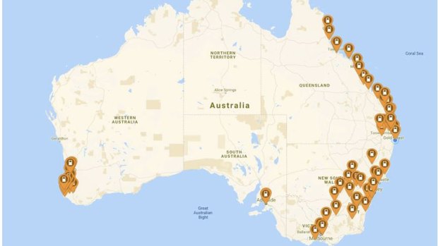 Australia's network of electric car super chargers, according to electric vehicle ap, Plugshare. There also EV stations in the state of Tasmania.