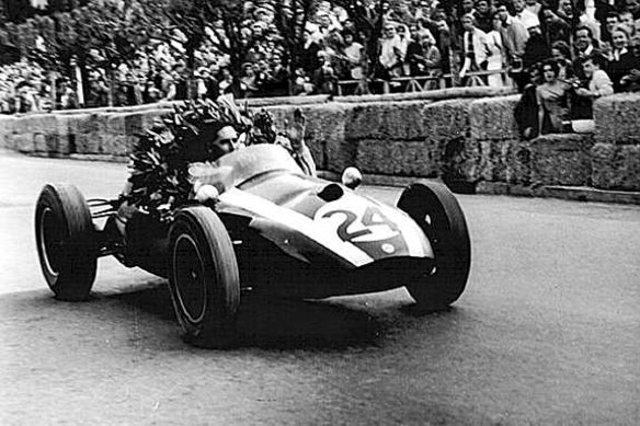 Jack Brabham pictured winning the Monaco Formula One Grand Prix in 1959.