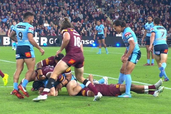 One of Cobbo’s podcast comments was that Luai was “a grub” for the way he stood over Cobbo and jibed him when he was knocked out in last year’s State of Origin decider.