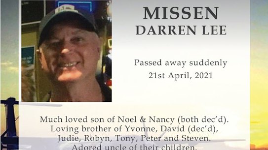 A funeral notice for Darren Missen, who died of a blood clot after an AstraZeneca vaccine, posted to Facebook.
