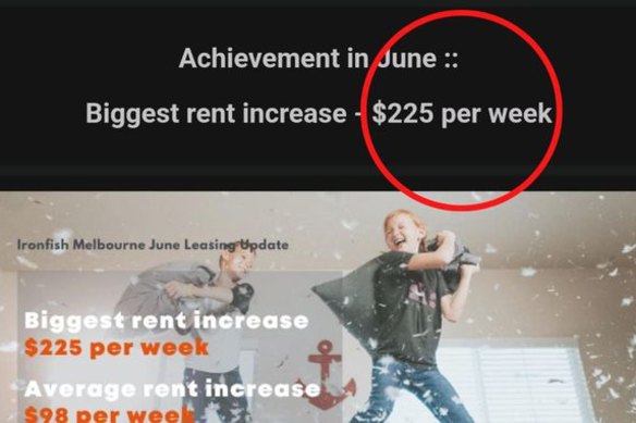 A property company has been exposed celebrating a $225 per week rental price rise as an ‘achievement’.