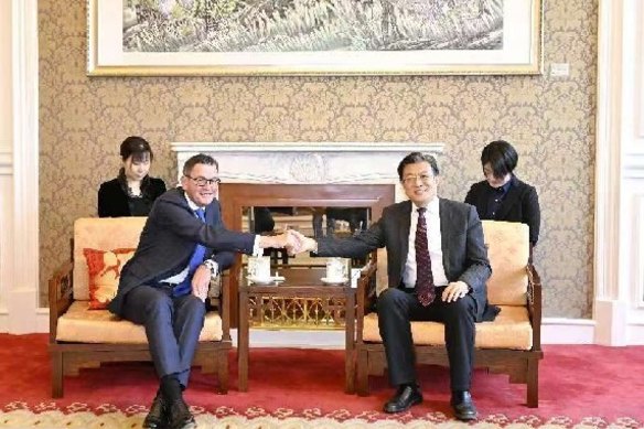 Victorian Premier Daniel Andrews with Li Xikui, the vice president of the Chinese People’s Association for Friendship with Foreign Countries on Tuesday.