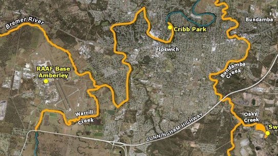The March 2019 PFAS contamination warning from Queensland Health, with streams marked yellow to show fish bans.