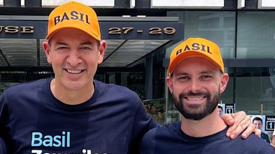 Basil Zempilas (middle) and Ammo Marketing founder Cam Sinclair (right) during Zempilas’ Perth mayoral campaign in 2023.