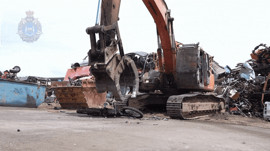 WA Police crushing e-rideables seized during Operation Moorhead.