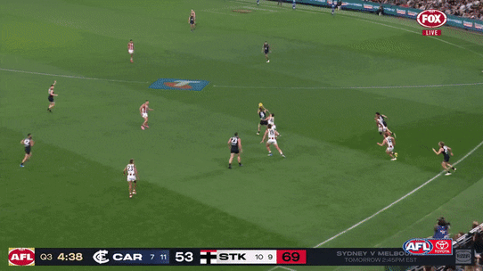 Carlton skipper Patrick Cripps is caught holding the ball, leading to a St Kilda goal in the third quarter of Saturday night’s game at Marvel Stadium.