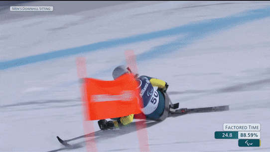 Josh Hanlon crashes in the men’s alpine downhill sitting skiing at the 2026 Milano Cortina Paralympic Games.