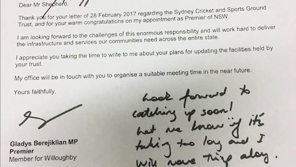 The hand-written note from Premier Gladys Berejiklian to SCG Trust chair Tony Shepherd, included in a NSW Upper House call for papers on Sydney stadiums.