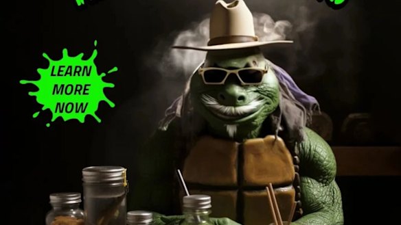 Part of an ad for the Healing Leaves clinic, which employed imagery reminiscent of the Teenage Mutant Ninja Turtles cartoon. 