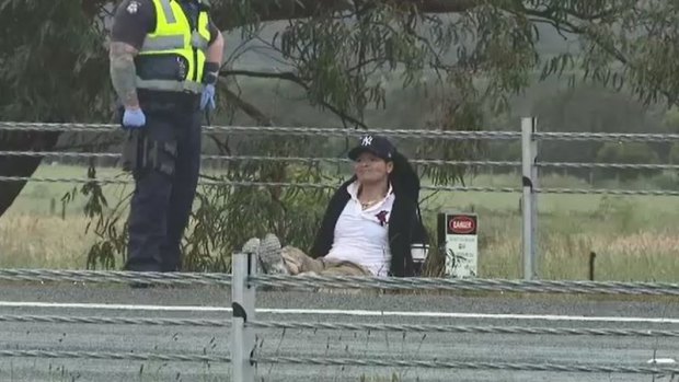 Three men have been arrested on the side of a busy Melbourne freeway after an alleged road rage fight.
