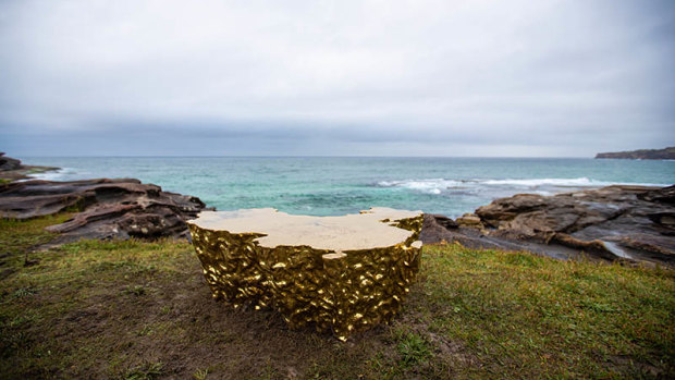 Mao Ling Gang’s “Earth is Flat” artwork at the Sculpture by the Sea exhibition. The artwork is a map of China and includes the self-governed island of Taiwan in the bottom right. 