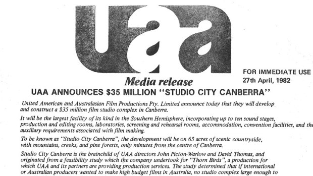 UAA Media Release announcing Studio City Canberra dated 27th April 1982.