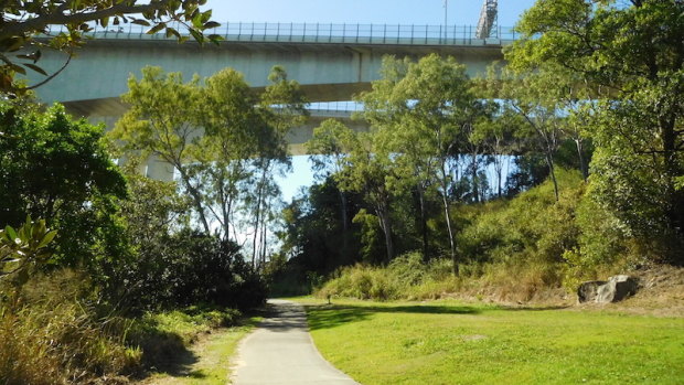 The path heads up to the Sir Leo Hielscher  Bridges.