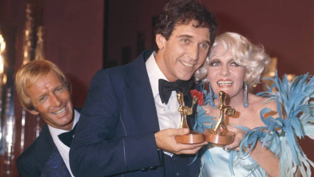 Paul Hogan, Don Lane and Jeanne Little at the Logies in 1977.