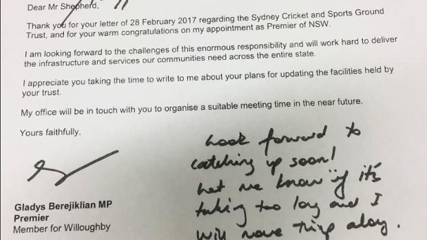 The hand-written note from Premier Gladys Berejiklian to SCG Trust chair Tony Shepherd, included in a NSW Upper House call for papers on Sydney stadiums.