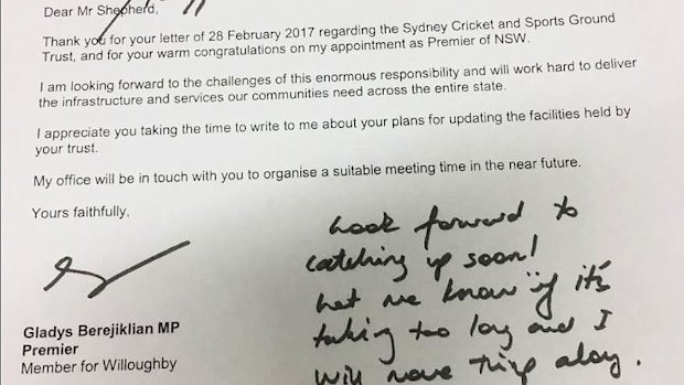 The hand-written note from Premier Gladys Berejiklian to SCG Trust chair Tony Shepherd, included in a NSW Upper House call for papers on Sydney stadiums.