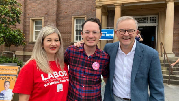 Labor’s Zoi Tsardoulias, Mat Howard, and federal Labor leader Anthony Albanese outside the Marrickville Town Hall polling station on December 4.
