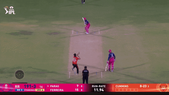 A ripping Pat Cummins yorker knocks over Riyan Parag in the IPL. 