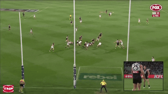 An injudicious kick from Carlton’s Sam Docherty ends up in a Port Adelaide goal in the first quarter of Thursday night’s game.
