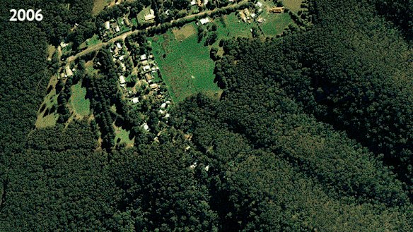 This image shows development in Pine Ridge Road, Kinglake West, before and after the 2009 fires. Ten people died in the area in 2009.