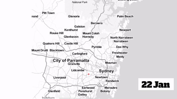 The spread of COVID-19 across Sydney since the first cases in January. 