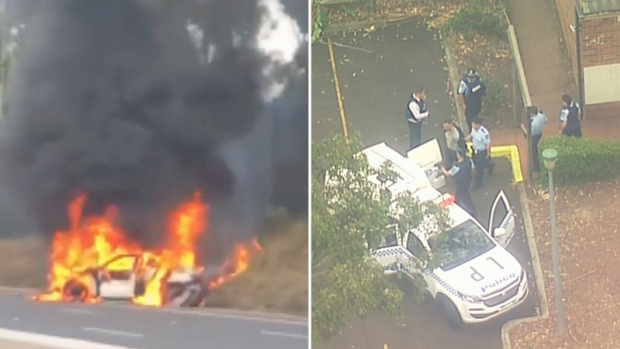 A car caught alight after crashing on the M5 following two home invasions in Sydney's south west.