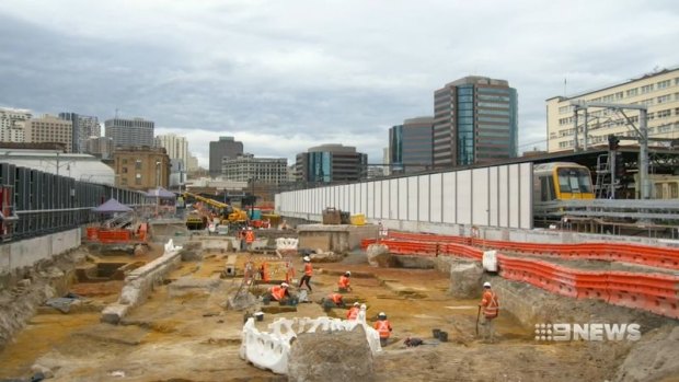 The excavation at the Metro construction site at Central Station. Archaeologists have been carefully sifting through the site since November, when human remains were discovered.