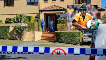 The scene at the Coorparoo home of former Wallaby Toutai Kefu after the violent break-in early Monday morning, with inset image of Kefu playing at the 1999 Rugby World Cup.